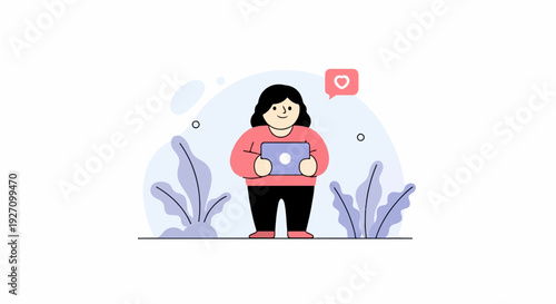 Cheerful person holding a laptop with a heart notification above