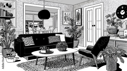 Detailed black and white illustration of a stylish mid-century modern living room with abundant houseplants and contemporary furniture