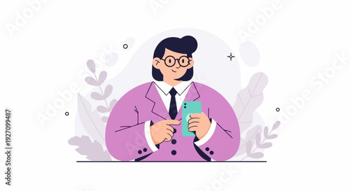A stylized individual with dark hair, glasses, and a purple jacket holds a teal mobile device, surrounded by abstract shapes and plant-like illustrations