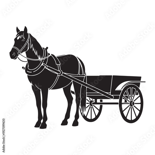 Traditional Horse Drawn Cart Black and White Vector Illustration