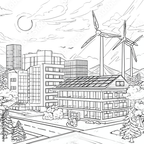 Eco-friendly Smart City Landscape with Modern Buildings, Solar Panel Rooftop, and Wind Turbines Line Art Illustration