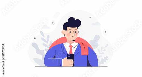 A stylish person in a blue suit and red tie holds a phone, with a scarf over their shoulders