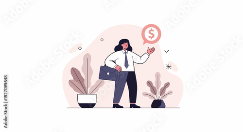 Businessperson with briefcase and dollar sign, surrounded by plants and abstract shapes