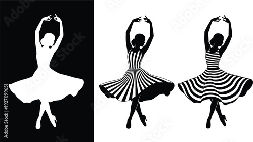 Elegant ballerina dancer silhouette set striped dress ballet pose vector illustration collection