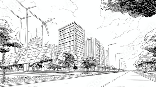Eco-Friendly Modern City Sketch with Wind Turbines, Solar Panels, Buildings, and Green Energy Infrastructure