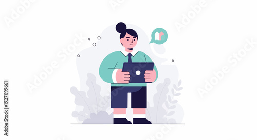 Person holding a laptop with a thought bubble showing a house icon