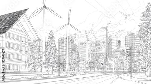 Architectural sketch of a sustainable future city with renewable energy sources like wind turbines and solar panels, illustrating green urban planning.