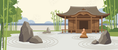 Flat Vector Illustration of a Peaceful Zen Buddhist Temple Garden Featuring Raked Gravel, Large Rocks, a Meditating Monk, and Lush Bamboo Stalks, Ideal for Wellness and Mindfulness Concepts