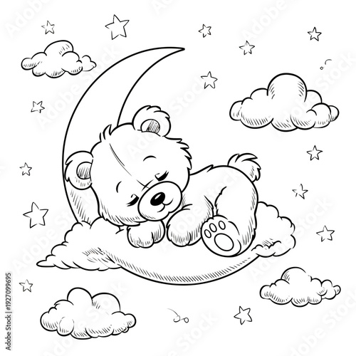 Cute cartoon teddy bear sleeping peacefully on a crescent moon with clouds and stars, sweet dreams night illustration for children.