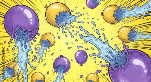 Explosion of purple and yellow balloons with water splashing out during a summer party game