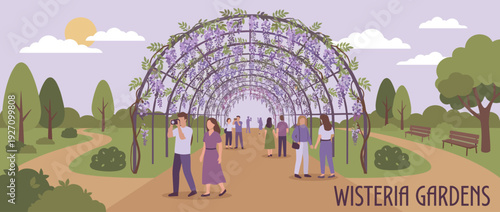 Flat Vector Illustration of a Scenic Wisteria Tunnel Walkway in Full Bloom with Visitors, People Walking Under Purple Flowers in a Beautiful Garden Park during Spring Season, Wisteria Gardens.