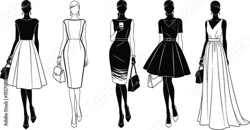Elegant women fashion silhouettes in stylish dresses with handbags isolated on white background vector illustration set
