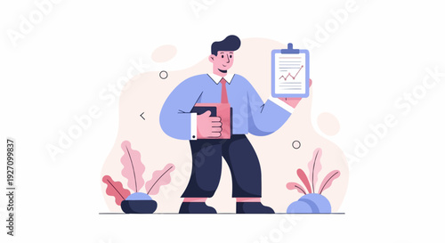 A smiling businessman holds a report and folder, standing amidst abstract shapes and plants