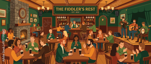 Flat vector illustration of a traditional Irish pub interior named The Fiddler's Rest, featuring a live folk music session with a band, patrons drinking stout, and a cozy fireplace atmosphere.