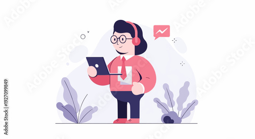 Person with headphones and tablet, looking at analytics, near plants