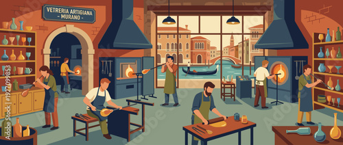 Flat Vector Illustration of a Traditional Murano Glass Workshop in Venice, Artisans Blowing and Shaping Molten Glass by Furnaces with a Scenic Canal View, Gondola, and Colorful Glassware Shelves.