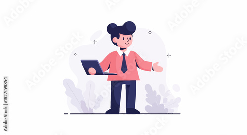 A person in a peach shirt and tie holds a laptop and gestures with their open hand