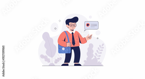 Person with bag and speech bubble, surrounded by stylized plants