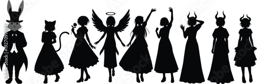Fantasy character silhouette set angel devil cat and rabbit figures gothic vector collection