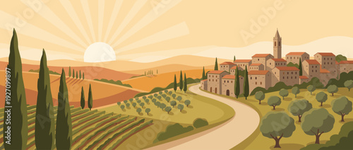 Flat vector illustration of a peaceful spring morning in a Tuscan hill town with cypress trees, rolling hills, vineyards, and a winding road under a warm sunrise in the Italian countryside.