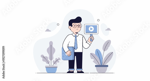 Person in formal wear holding a laptop and a play button sign