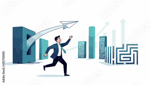Successful businessman throwing a paper plane through a wall towards growth arrows and maze obstacles. Concept of innovative business solutions, strategic planning, and overcoming challenges.