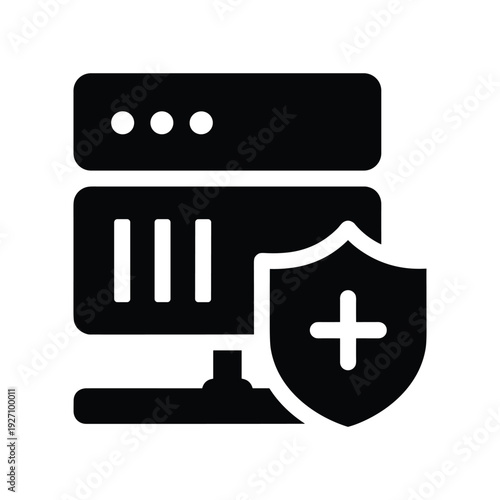 Server Security Icon - Data Storage Protection Glyph with Shield and Plus Sign Symbol
