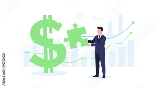 Businessman in a professional suit completing a large green dollar sign with a puzzle piece, symbolizing financial success, strategic investment, business growth, and money-making solutions concept.