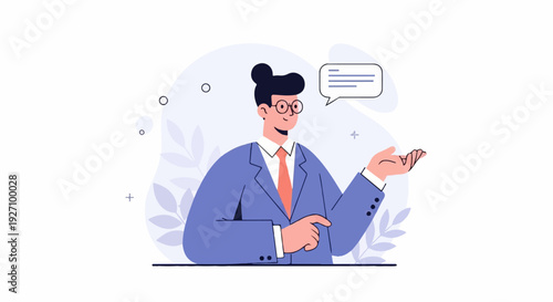 Stylized illustration of a person in a suit, speaking with a speech bubble above their head