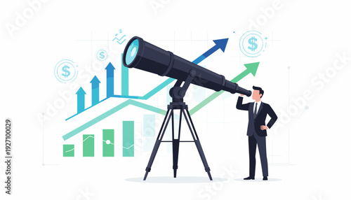 Businessman or investor looking through a large telescope to see rising investment opportunities and financial growth charts, concept of market analysis, future vision, and business success.