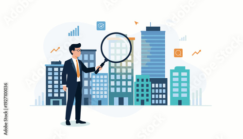 Businessman in a suit holding a large magnifying glass to inspect city buildings and skyscrapers, representing real estate investment, market research, property selection, and business growth.