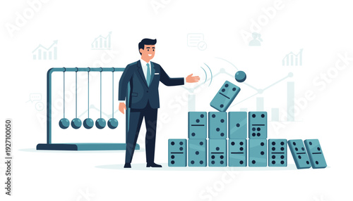 Businessman in Suit Stopping Newton's Cradle and Preventing Domino Effect from Falling, Concept of Financial Intervention, Risk Management, Crisis Control, and Economic Stability Illustration