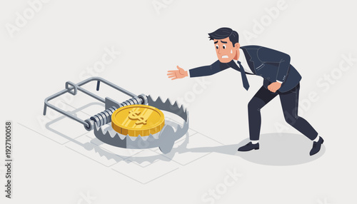 Businessman in a suit reaching for a gold dollar coin placed as bait inside a dangerous metal bear trap, conceptual vector illustration of financial risk, greed, temptation, and a debt trap.