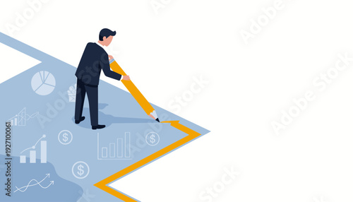 Businessman in a Suit Using a Giant Pencil to Draw and Create His Own Territory and Business Path, Concept of Strategy, Market Expansion, Leadership, Planning, and Financial Growth Vector Illustration