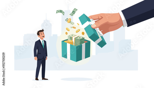 Big hand opening a gift box full of money cash and gold coins for a happy businessman, corporate bonus and financial reward concept, salary increase or profit sharing vector illustration.