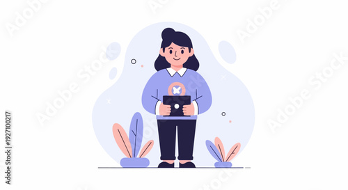 A cartoon person holding a tablet with abstract shapes and plants around