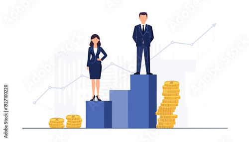 Gender Pay Gap and Inequality Concept with Business Man and Woman Standing on Different Levels of Bar Chart with Money Coins, Career Growth Disparity and Professional Discrimination Illustration