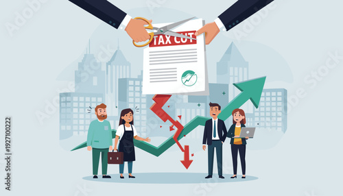Government Tax Cut Policy to Support People and Businesses During Economic Recession, Financial Crisis Concept with Scissors Cutting Tax Document, Rising and Falling Market Arrows, and Workers