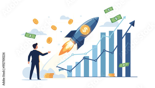 Businessman watching a rocket launch representing rapid business growth, increasing revenue, and financial profit with rising stock market charts, investment success, and economic prosperity.
