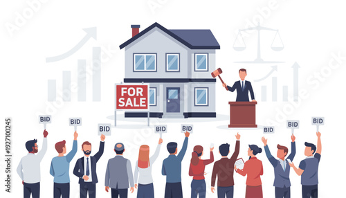 Real Estate House for Sale Auction with Professional Auctioneer Holding Gavel and Diverse Group of People Holding Bid Signs for Property Investment Market Competition Concept Vector Illustration