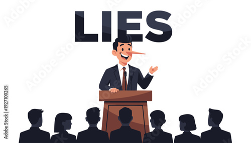 Dishonest Politician or Businessman with a Long Pinocchio Nose Giving a Speech at a Podium to an Audience, Concept of Lies, Deception, Fake News, and Corruption, Flat Vector Illustration