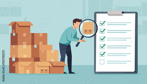 Man Inspecting Cardboard Boxes with a Magnifying Glass and Checklist for Quality Control in a Warehouse. Concept of Product Inspection, Logistics, Inventory Management, and Supply Chain Vector.