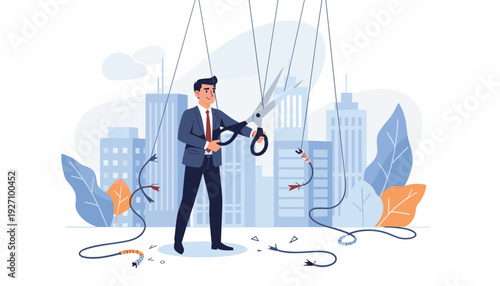 Businessman Cutting Puppet Strings with Large Scissors to Gain Freedom and Independence, Breaking Free from Corporate Control and Manipulation in a Cityscape Background, Concept of Autonomy