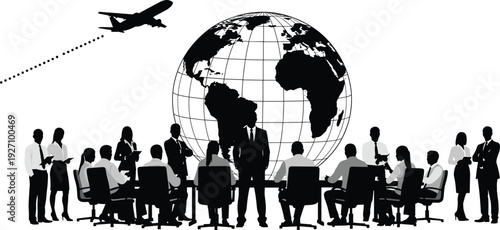 Global business meeting silhouette corporate team conference with world globe and airplane travel concept