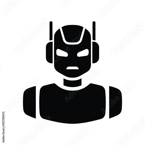 Minimalist Black and White Robot Icon Silhouette, Cyborg Head and Shoulders Symbol for Technology