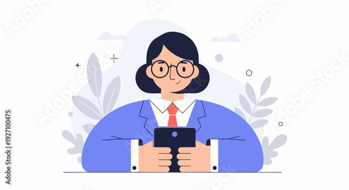 A person in business attire gazes at their smartphone, surrounded by abstract floral elements and minimalist shapes