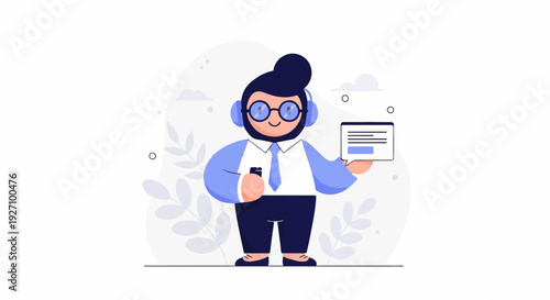 Friendly customer service agent with headset and tablet in a stylized setting