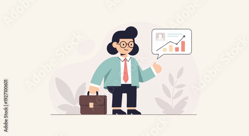 A person in business attire holds a briefcase and gives a thumbs up, with a speech bubble showing a positive growth chart