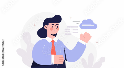 Cartoon professional woman interacts with cloud technology, data, and analytics