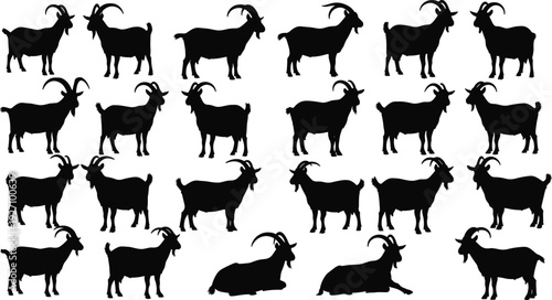 Goat silhouettes collection farm animal standing and resting poses vector illustration set